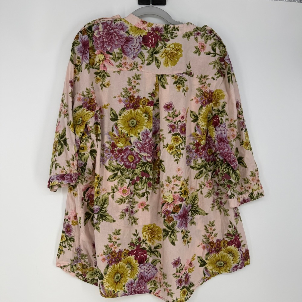 Denim 24/7 Button Down Shirt Womens 18W Pink Floral Cotton Pintuck Cottagecore